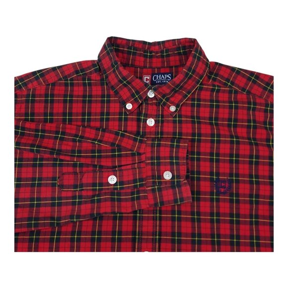 Chaps Boys Red Plaid Button-Down Shirt XL 18-20 Cotton Long Sleeve Holiday - Picture 1 of 6